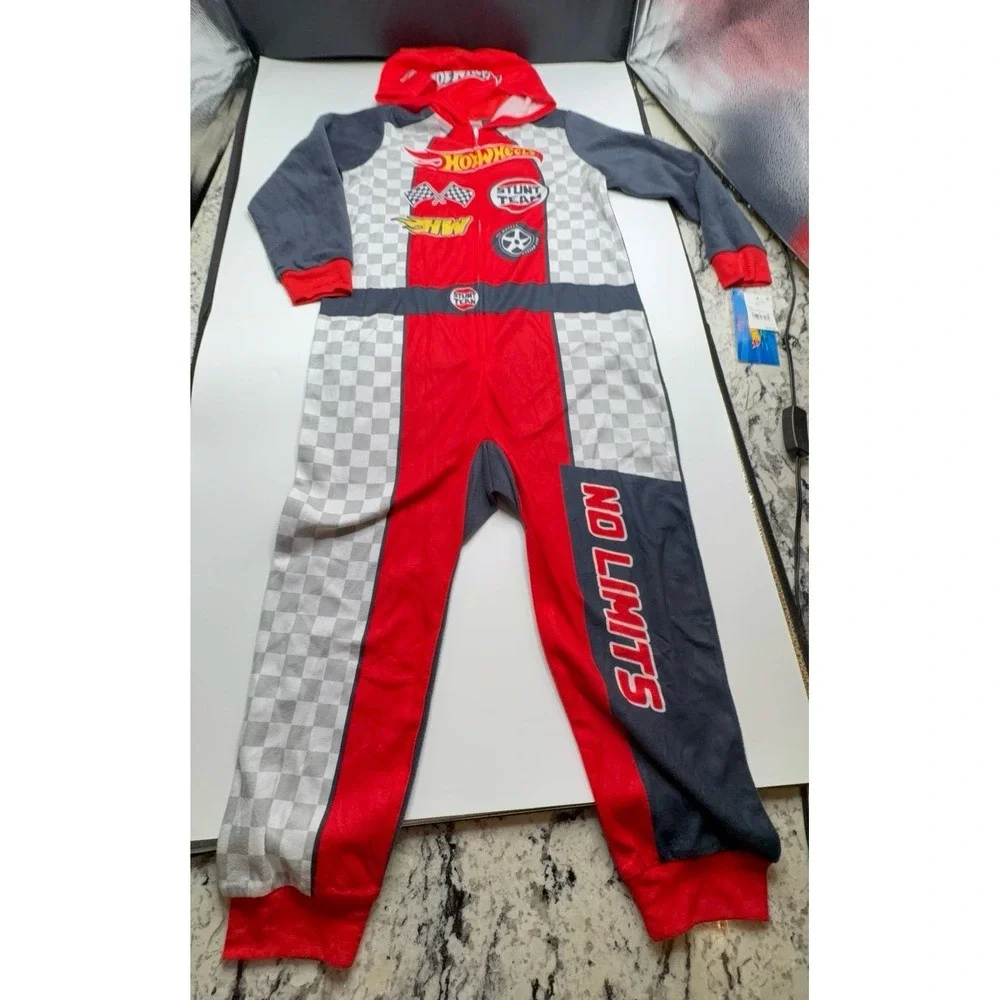 NEW boys size small (6/7) Hot Wheels onesie fleece footless hooded pajamas.